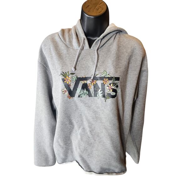VANS Hoodie Womens Medium Floral Embroidered Raw Hem Cut Off Pullover Sweatshirt - Picture 13 of 16